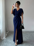 Women's Elegant Romantic Ruffle Sleeve V-Neck Waist Slimming Slit Hem Long Dress Suitable for Dates