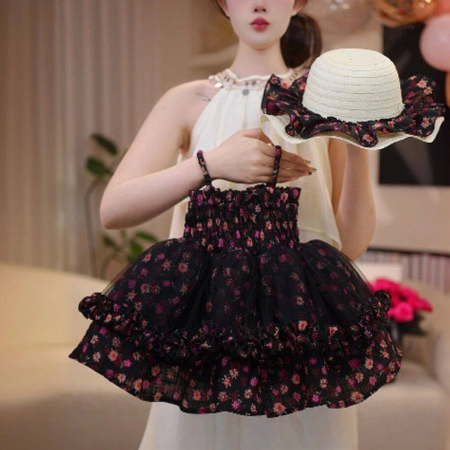 New summer style for girls: purple floral princess dress, fashionable black tulle floral sleeveless halter dress with puffy hat.