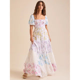 Tiktok Cross-Border European and American Style Spring and Summer New Puff Sleeve Printed Lace Tube Top with Pleated Flared Skirt Women's Clothing