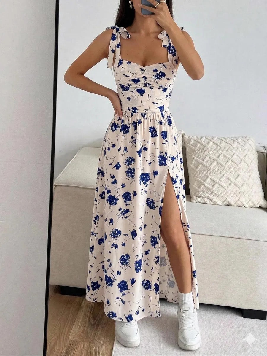 2026 European and American style women's floral print sundress with tie, low-cut V-neck, and slit, elegant and sophisticated