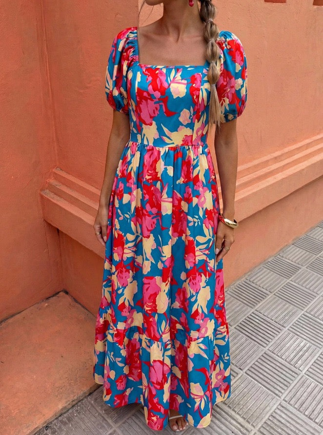 AliExpress Cross-Border Amazon New Beach Vacation Style Puff Sleeve Dress Women's European and American Floral Print High Waist
