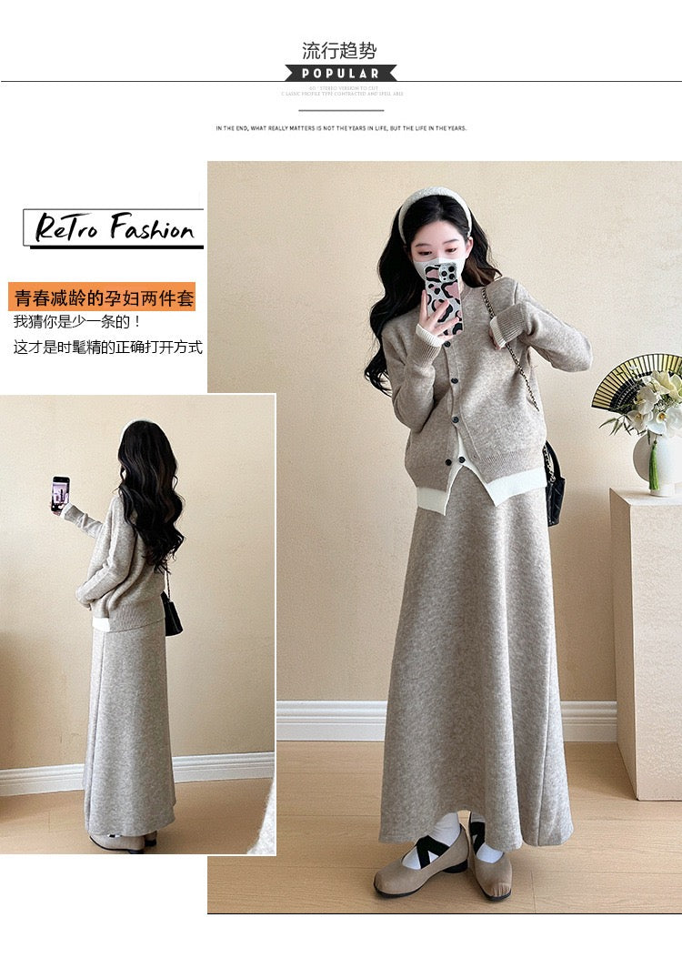 Pregnant women autumn and winter fashion new contrast color stitching knitted sweater + mid-length skirt temperament slim two-piece set