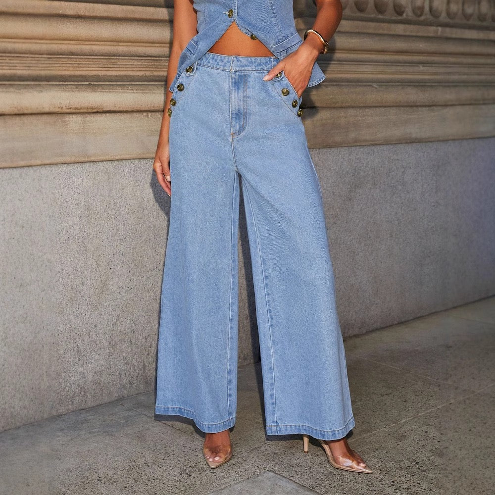 2025 Solid Color Sleeveless Denim Suit with Straight-Leg Pants - American and European Style, Factory Direct