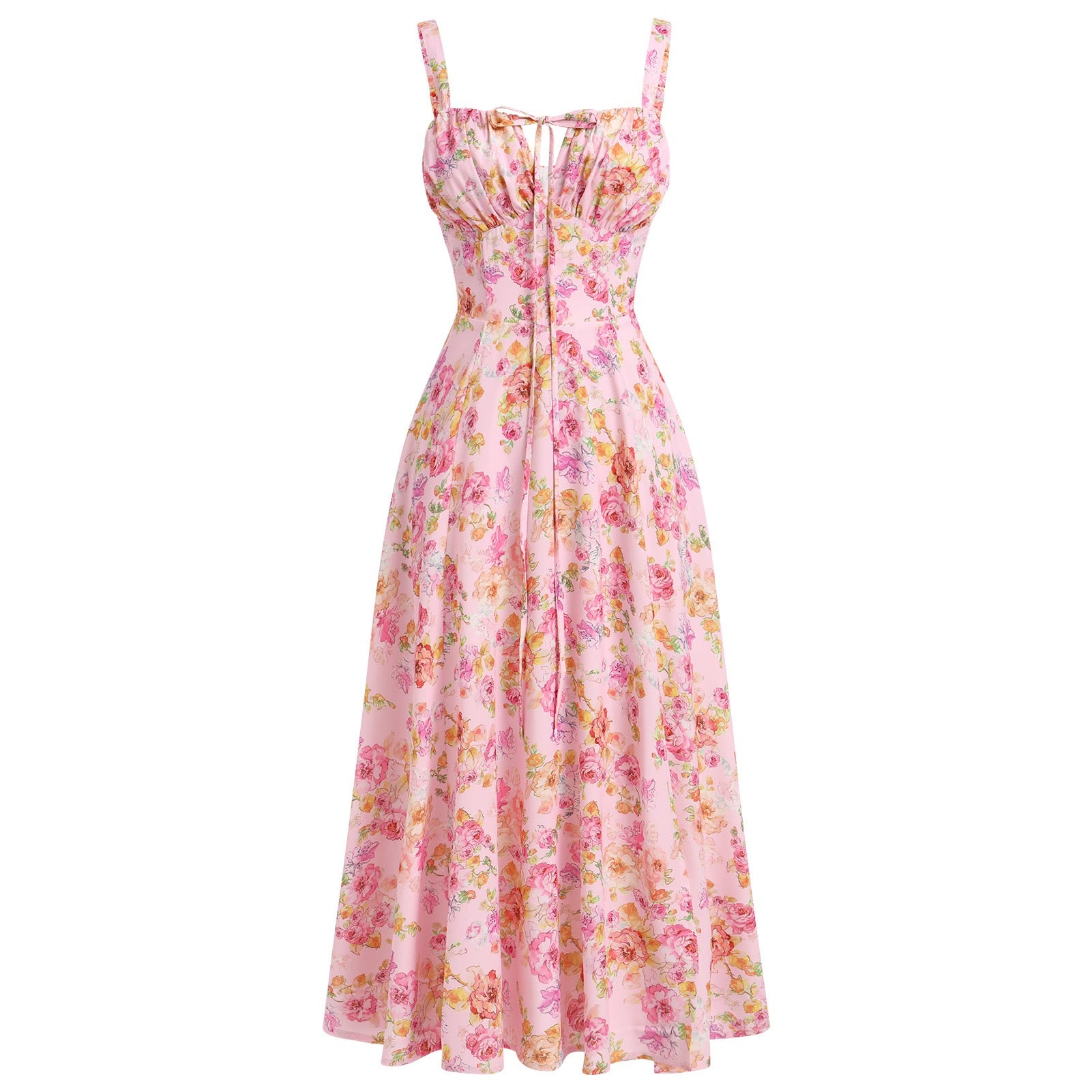 Printed Spaghetti Strap Dress with Corset Waist, Elegant Vintage Style, Wide Hem, Trendy Bestseller on Amazon