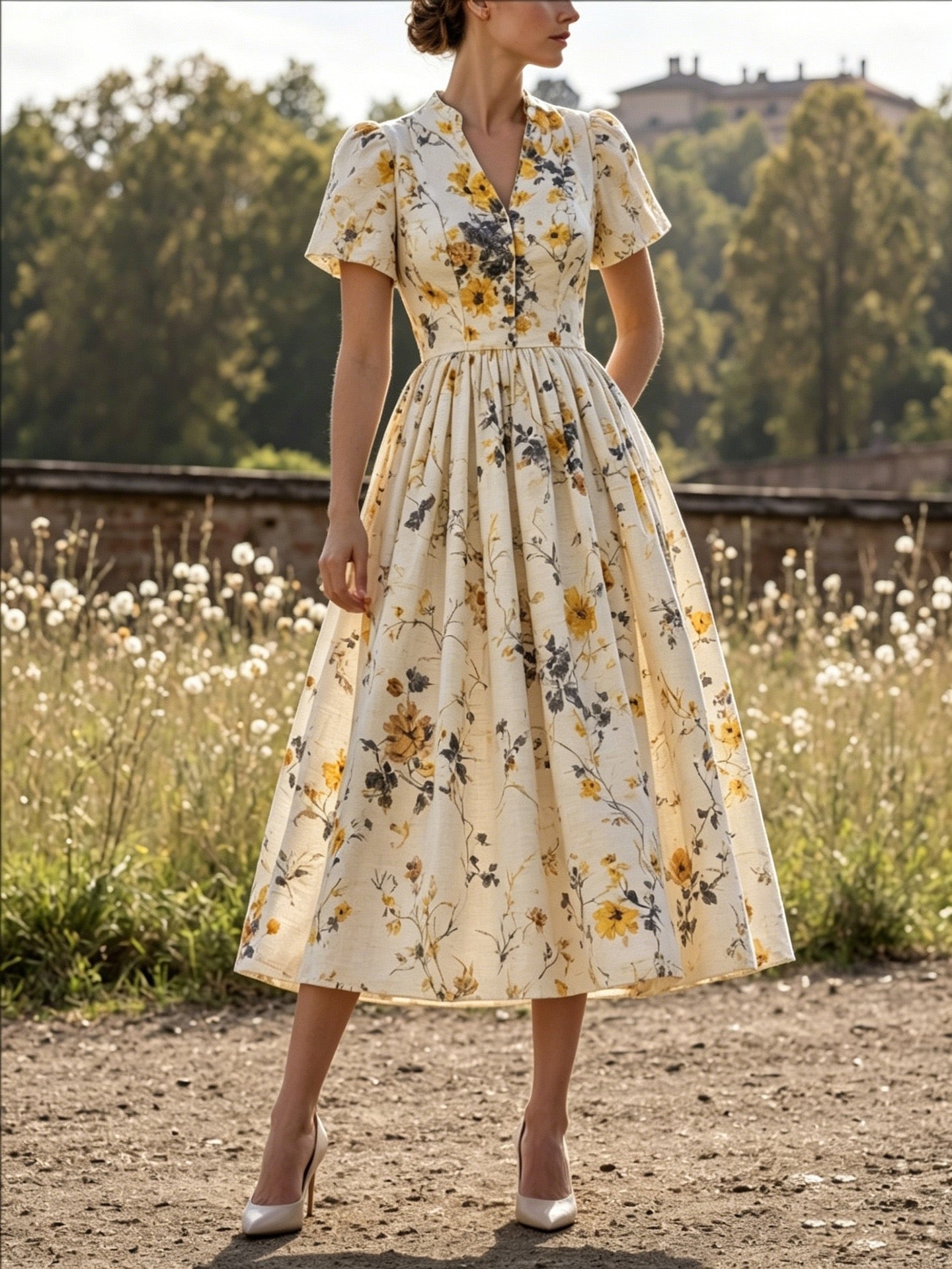 2026 Retro Casual V-Neck Printed Short-Sleeved Women's Dress Long Skirt Summer New Style Amazon Bestseller