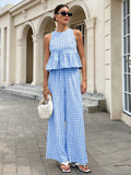 2026 European and American Fashion Casual Two-Piece Set with Sleeveless Round-Neck Ruffled Hem Top and High-Waisted Straight-Leg Pants