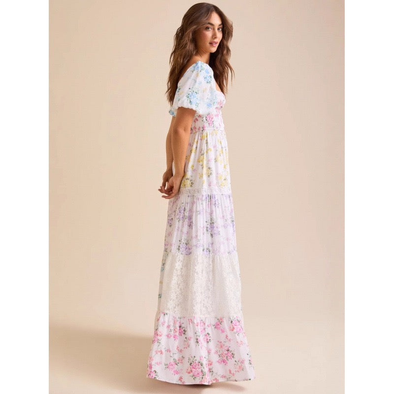 Tiktok Cross-Border European and American Style Spring and Summer New Puff Sleeve Printed Lace Tube Top with Pleated Flared Skirt Women's Clothing