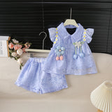 2-Piece Korean Style Single-Breasted Floral Lightweight Summer Dress Set for Girls with Delicate Flutter Sleeves