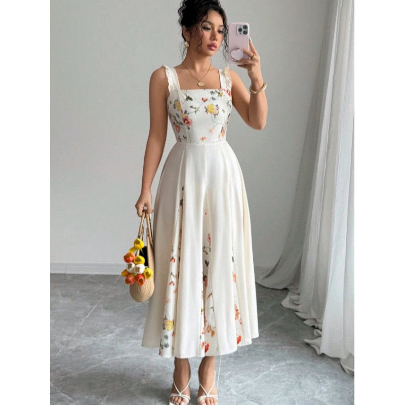 Amazon European and American Cross-Border New French-Style Waist-Cinching Elegant Floral Print Square-Neck Sleeveless Dress