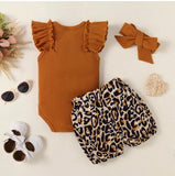 4 Sets Children's Summer Three-Piece Outfits with Flying Sleeves, Bow Detail, and Leopard Print Shorts, European and American Style