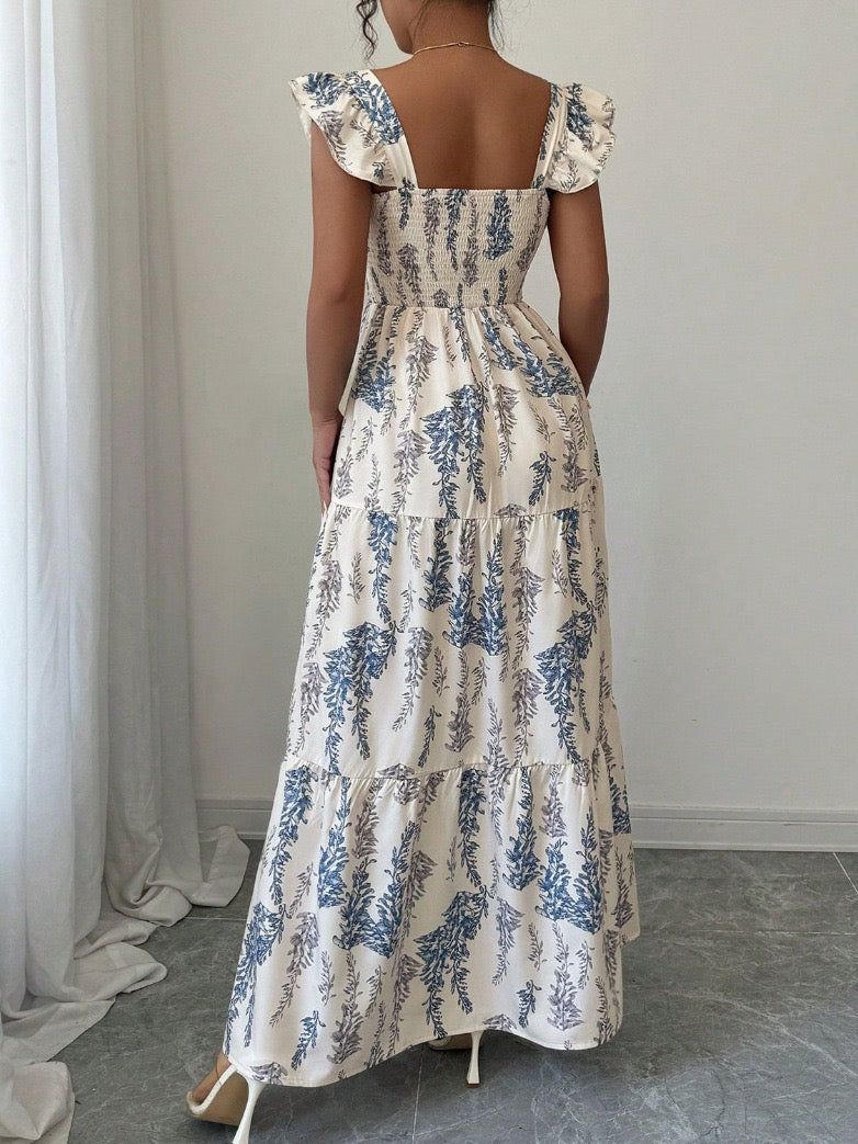 French Square Neck Dress, Waist Long Skirt, European and American Cross-Border New Summer Style