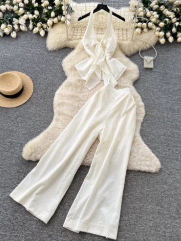Premium Commuter Style Halter Neck Vest and Wide-Leg Pants Two-Piece Set for Women, Summer Open-Back Waist-Cinching Slimming Fashion Set