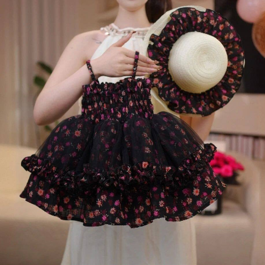 New summer style for girls: purple floral princess dress, fashionable black tulle floral sleeveless halter dress with puffy hat.