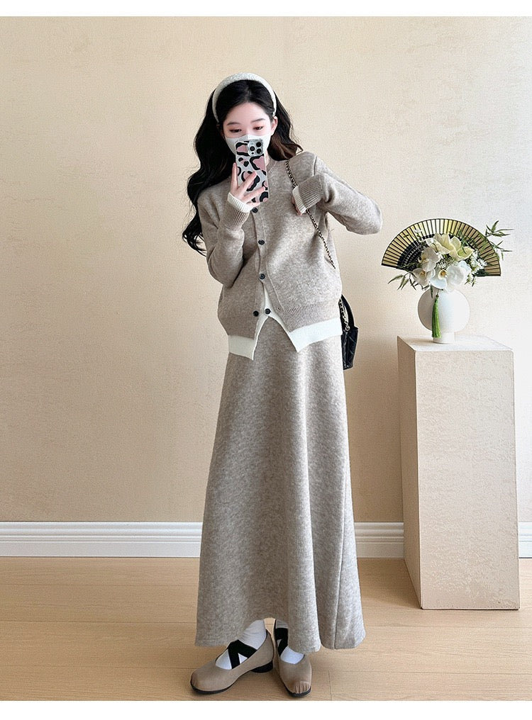 Pregnant women autumn and winter fashion new contrast color stitching knitted sweater + mid-length skirt temperament slim two-piece set