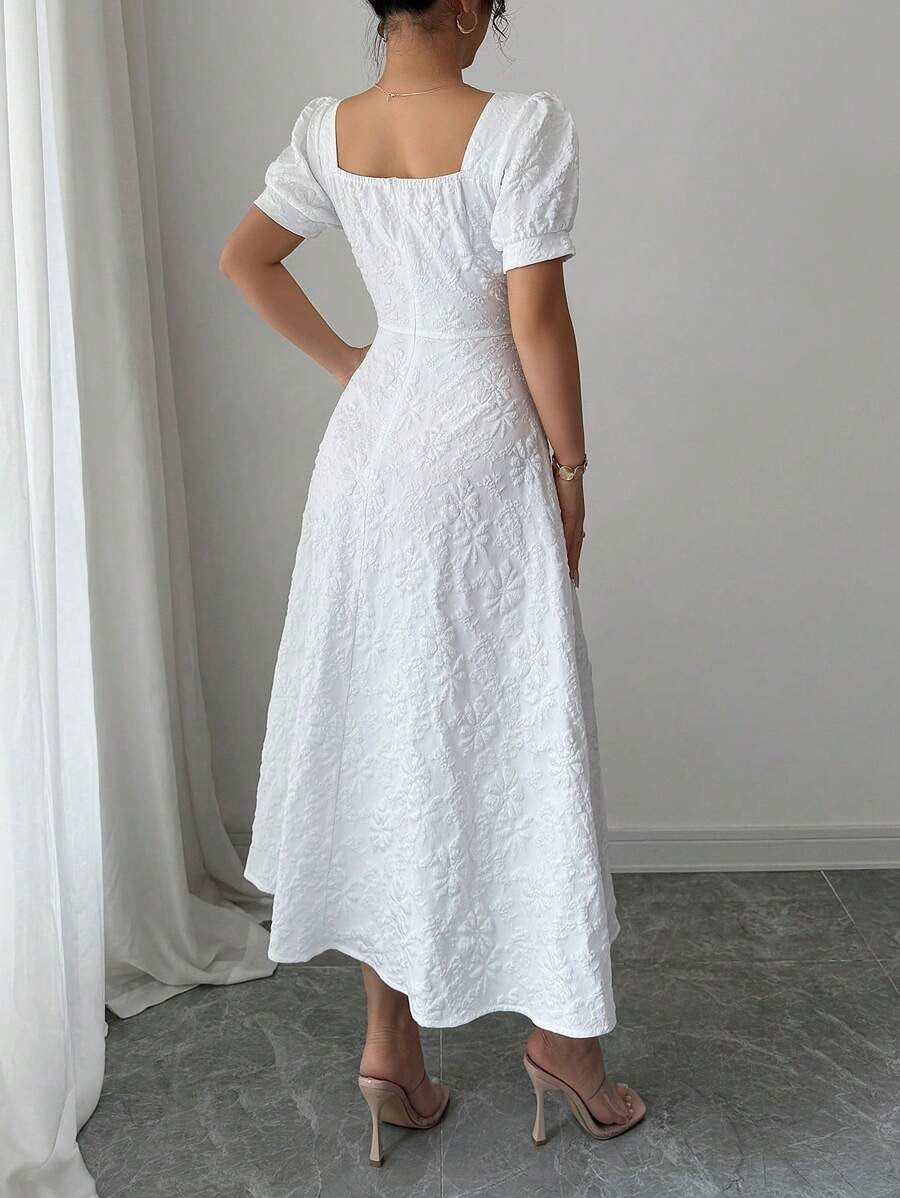European and American Cross-Border 2026 Summer Slim-Fit Women's Elegant Jacquard Solid Color Puff Sleeve Square Neck Dress