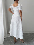 European and American Cross-Border 2026 Summer Slim-Fit Women's Elegant Jacquard Solid Color Puff Sleeve Square Neck Dress