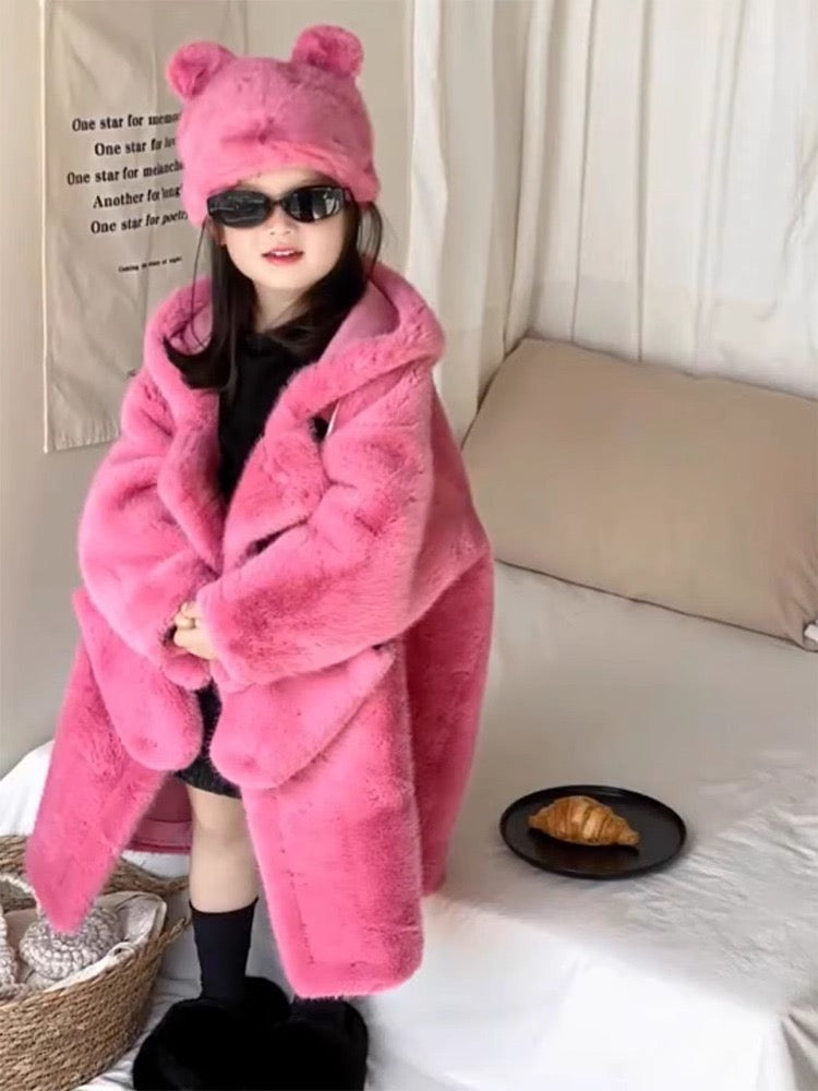 Girls fur coat mid-length thick hooded mink velvet coat warm stylish fur children's fur