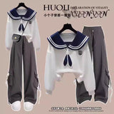 Fashion suit #contrast navy collar fake two-piece loose slim top with designer pocket casual pants
