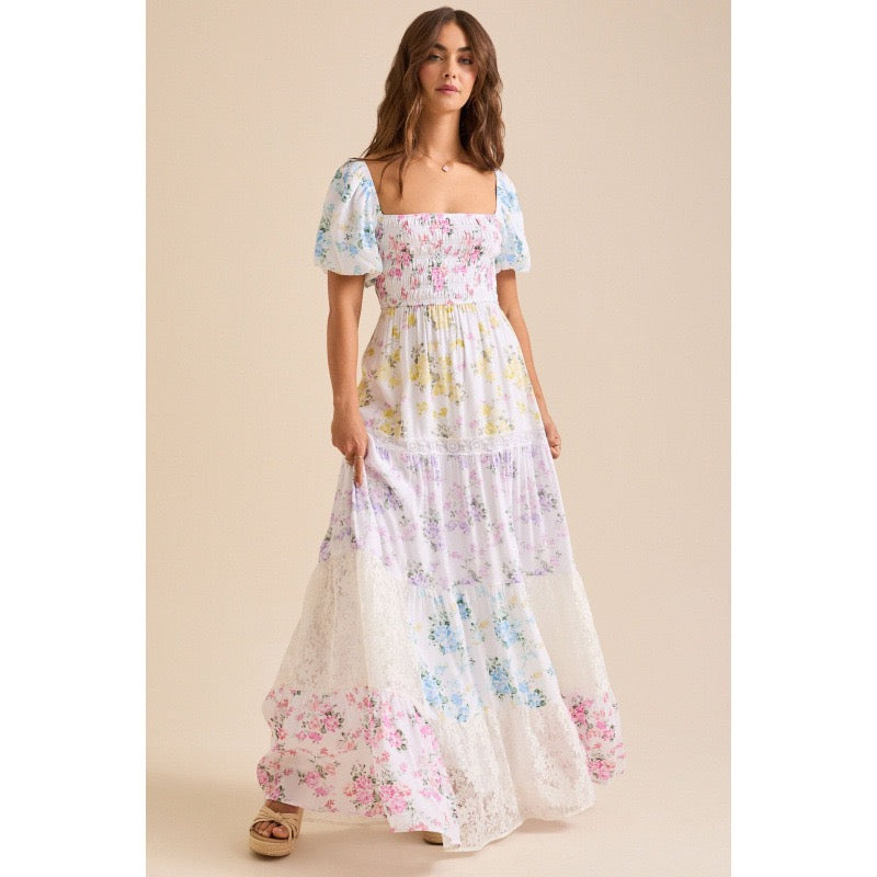 Tiktok Cross-Border European and American Style Spring and Summer New Puff Sleeve Printed Lace Tube Top with Pleated Flared Skirt Women's Clothing