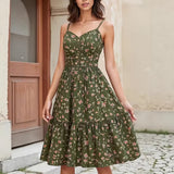 Cross-Border Amazon Spring and Summer New Green Floral V-Neck Strap Dress Retro Waist-Cinching Vacation Style Dress