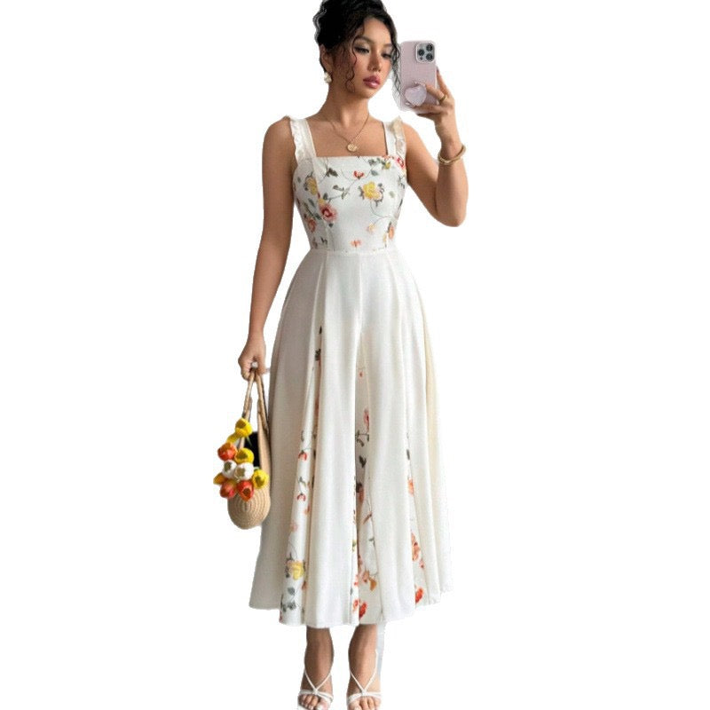 Amazon European and American Cross-Border New French-Style Waist-Cinching Elegant Floral Print Square-Neck Sleeveless Dress