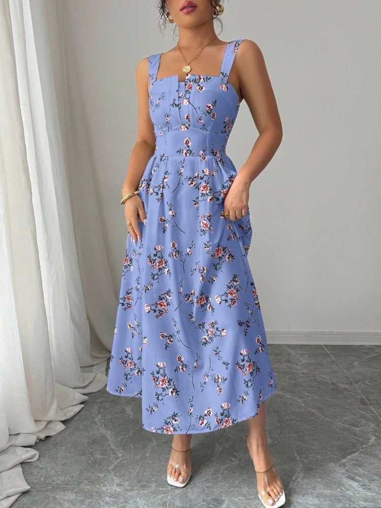 European and American New Style French Dress, Cross-Border Summer Spaghetti Strap Waist-Cinching Women's Casual Travel Floral A-Line Long Dress