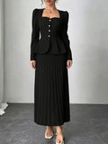 Cross-Border European and American 2026 Summer New Style Square-Neck Waist-Cinching Suit Set with Long-Sleeve Top and Pleated Long Skirt, Elegant Two-Piece Set