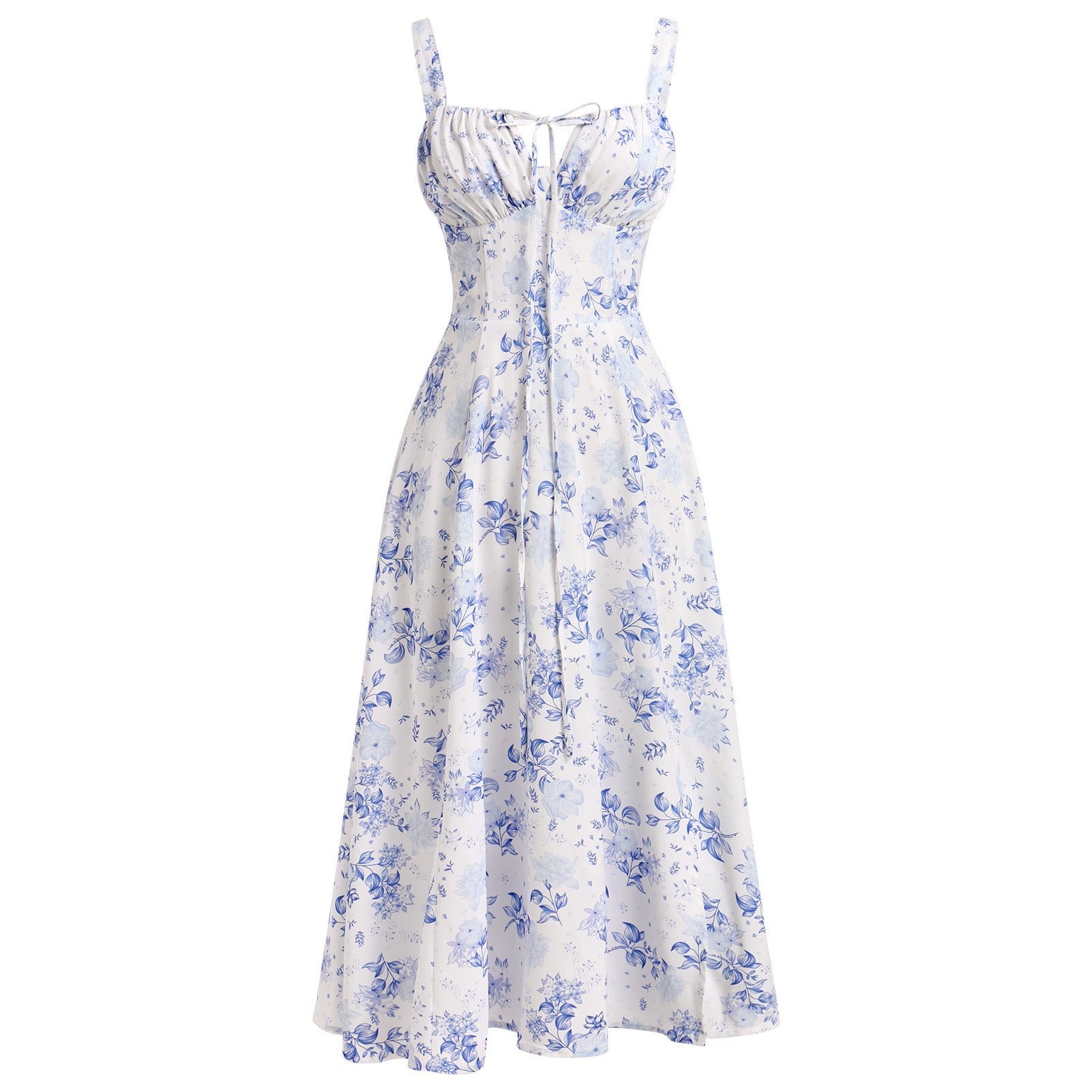 Printed Spaghetti Strap Dress with Corset Waist, Elegant Vintage Style, Wide Hem, Trendy Bestseller on Amazon