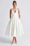 European and American Style V-Neck Halter Jacquard Dress, High-End Sleeveless Backless Evening Gown with Waist-Cinching Fit for Spring and Summer