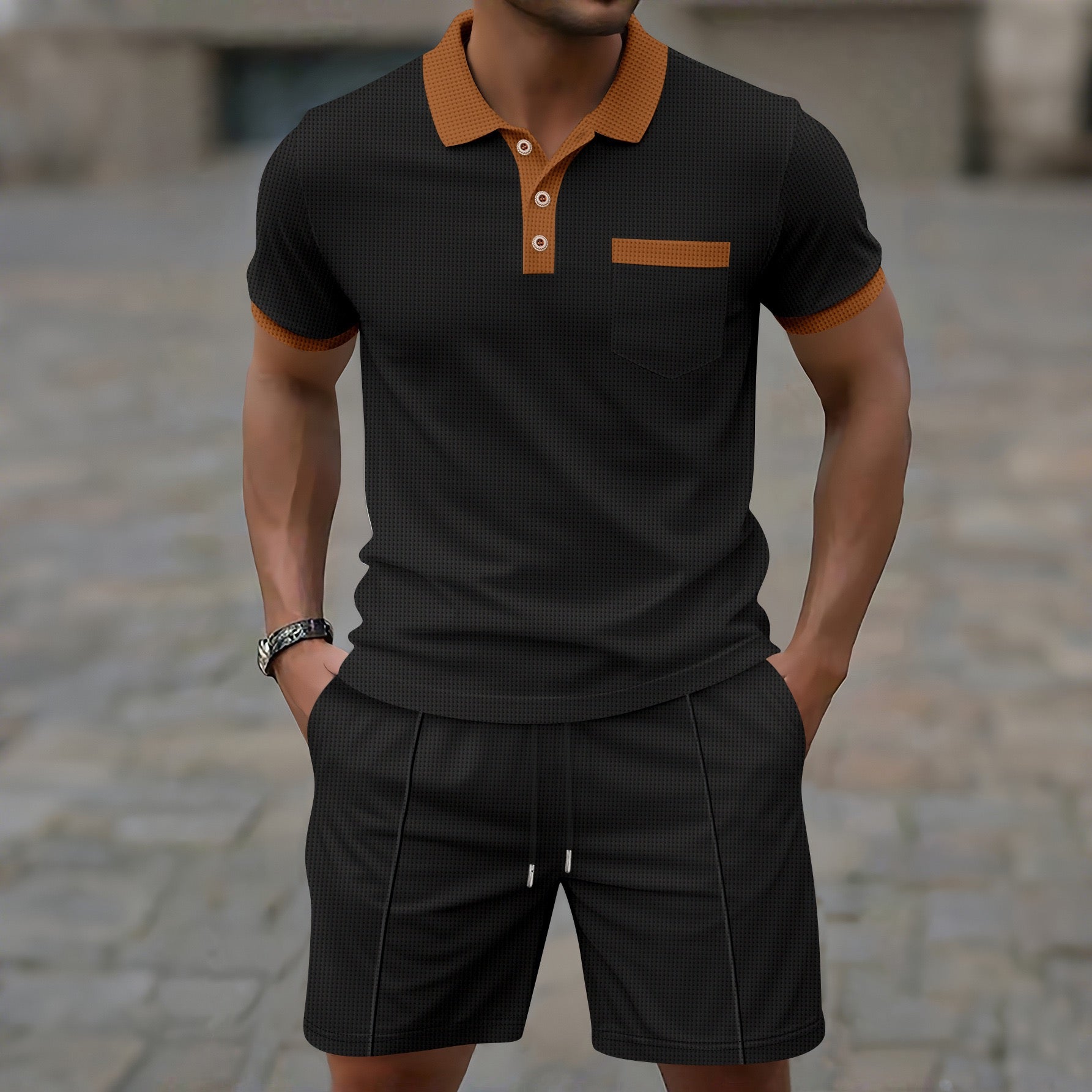 Amazon Cross-Border Summer New Men's Waffle Lapel Color-Blocked Chest Pocket Button Short-Sleeved Shorts Suit