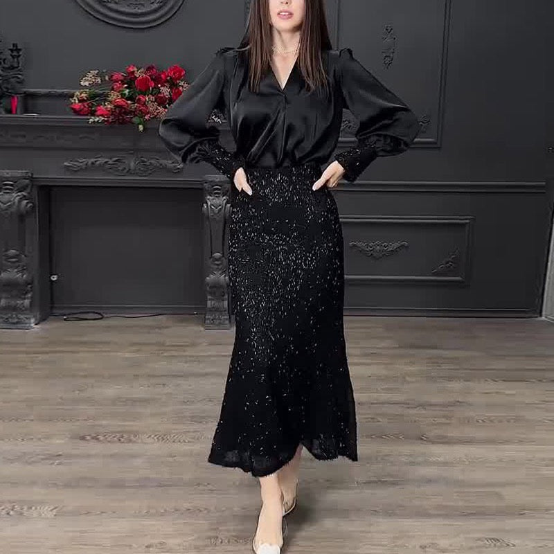 2024 Amazon European and American new shirt long-sleeved top waist half-length fishtail skirt two-piece women's skirt suit