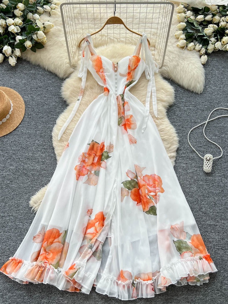 French Vacation Wear Dress for Women, Summer Design, Thoughtful Slit, Waist-Cinching, Elegant Suspender Printed Long Skirt