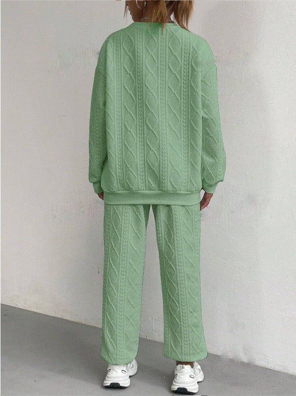 2025 Spring and Autumn Cross-border European and American New Women's Clothing Twist Splicing Long Sleeve Round Neck Top Cuffed Trousers Two-piece Set