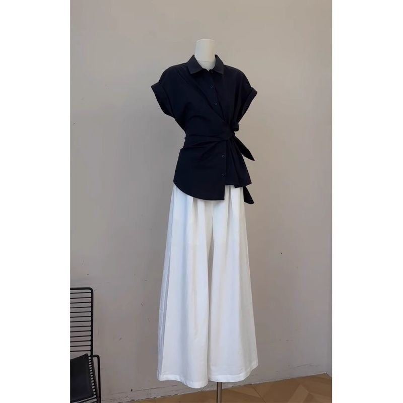 Summer Outfit Set for Women 2025 New Design Waist-Cinching Tie Shirt Slimming Casual Pants Two-Piece Trendy Set