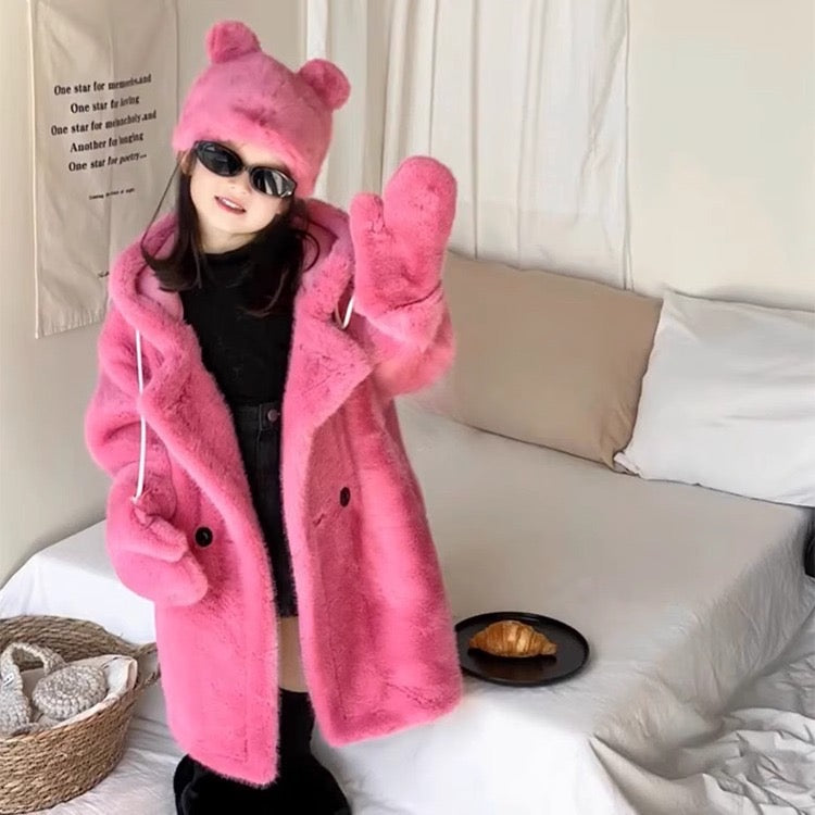 Girls fur coat mid-length thick hooded mink velvet coat warm stylish fur children's fur