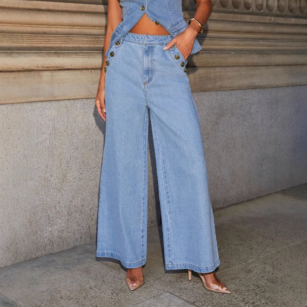 2025 Solid Color Sleeveless Denim Suit with Straight-Leg Pants - American and European Style, Factory Direct