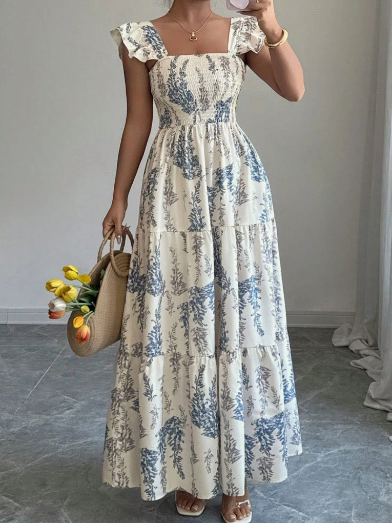 French Square Neck Dress, Waist Long Skirt, European and American Cross-Border New Summer Style