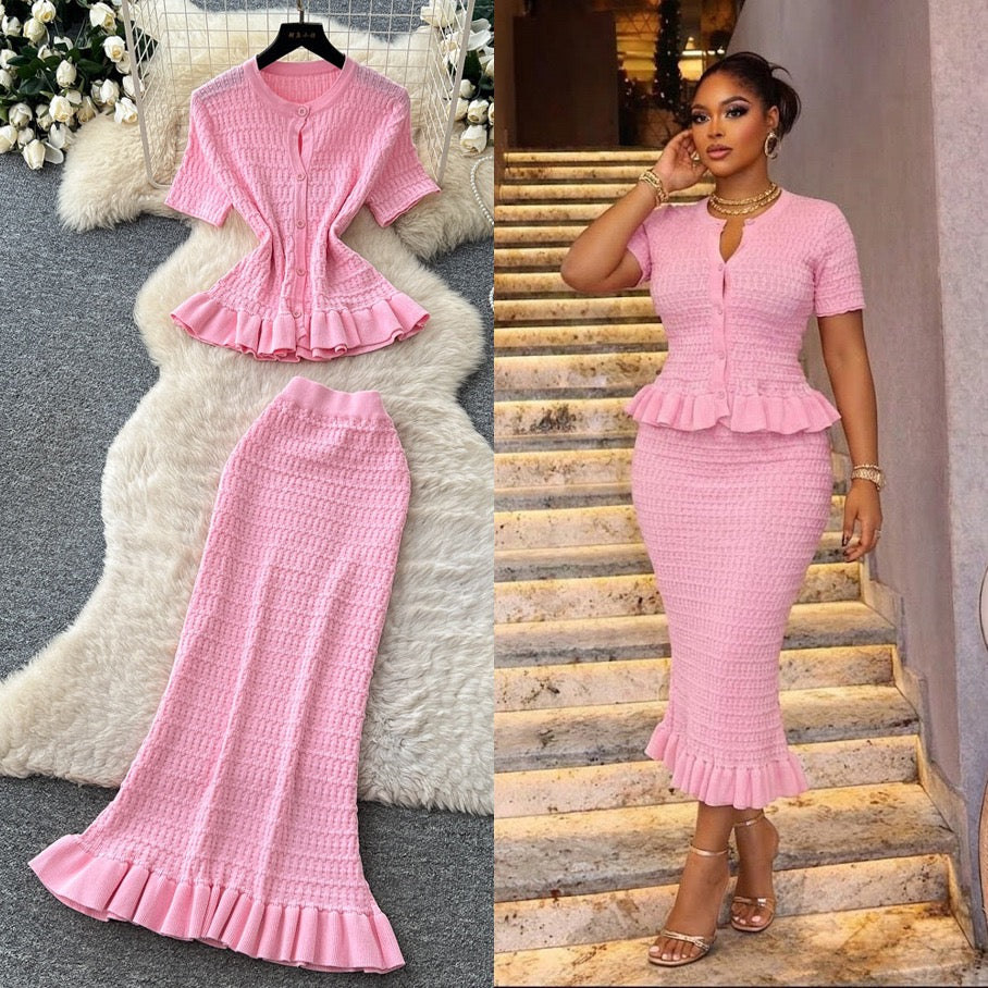 Korean-Style Knitted Ruffled Slim-Fit Two-Piece Set for Women, Summer Slim-Fit, Mature and Elegant Style, Workwear Outfit
