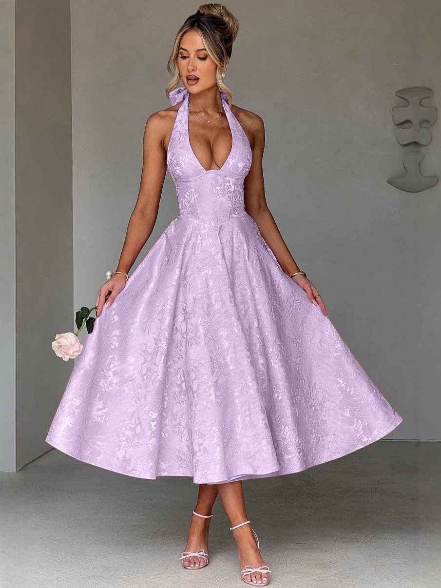 European and American Style V-Neck Halter Jacquard Dress, High-End Sleeveless Backless Evening Gown with Waist-Cinching Fit for Spring and Summer
