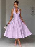 European and American Style V-Neck Halter Jacquard Dress, High-End Sleeveless Backless Evening Gown with Waist-Cinching Fit for Spring and Summer