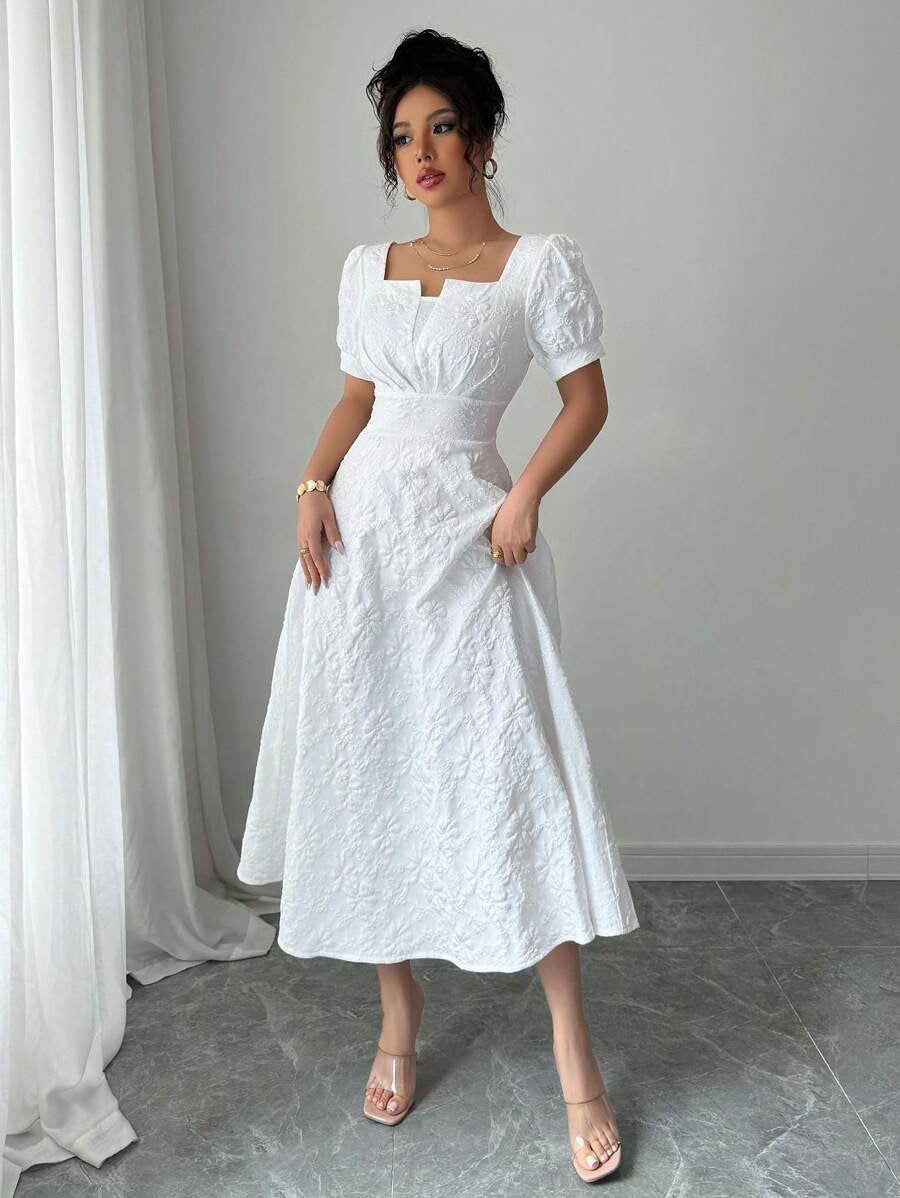 European and American Cross-Border 2026 Summer Slim-Fit Women's Elegant Jacquard Solid Color Puff Sleeve Square Neck Dress