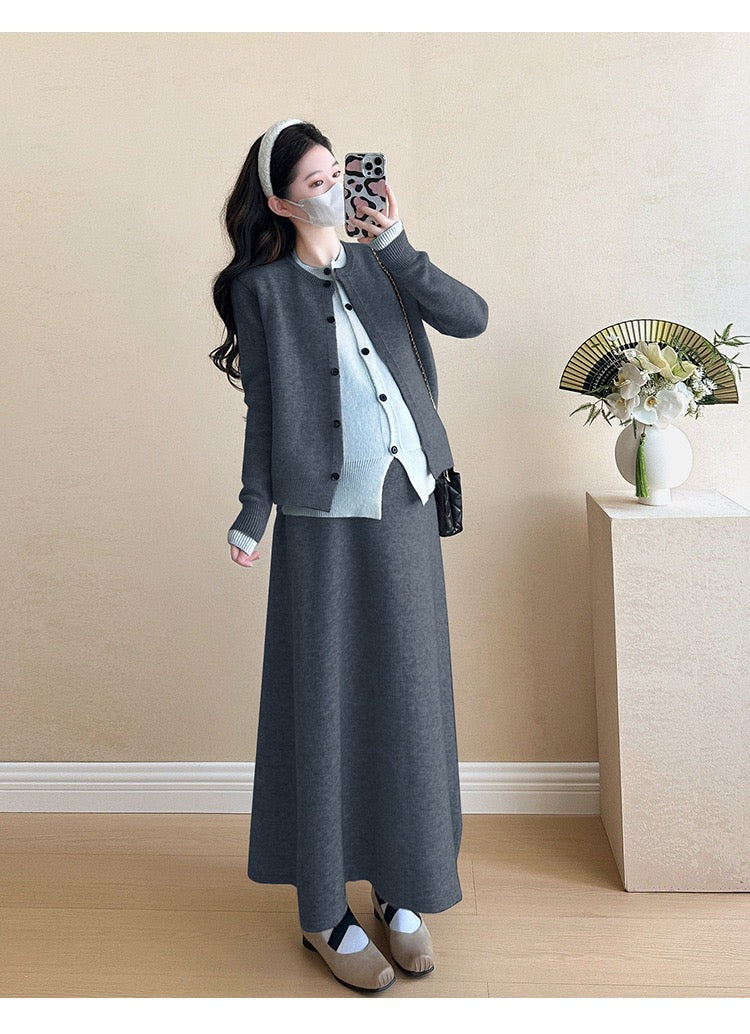 Pregnant women autumn and winter fashion new contrast color stitching knitted sweater + mid-length skirt temperament slim two-piece set