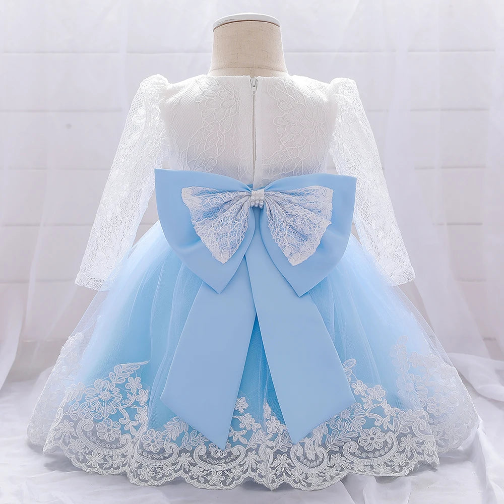 Baby Girls Dress Newborn Girl Long Sleeve Lace Party Wedding Dresses With Big Bow Infant Girl 1st Birthday Princess Dress