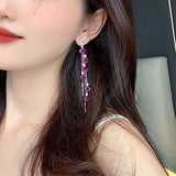 Fashion Red Rose Petal Drop Earrings for Women Bijoux Purple Rose Gold Color Long Tassel Dangle Earrings Wedding Party Jewelry