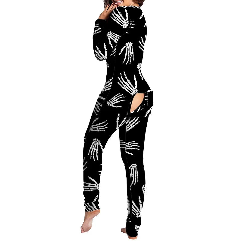 2021 New V-neck Buttons Up Sexy Romper Women Long Sleeve Jumpsuits Autumn Fruits Print Sleepwear Back Flap Sleepwear