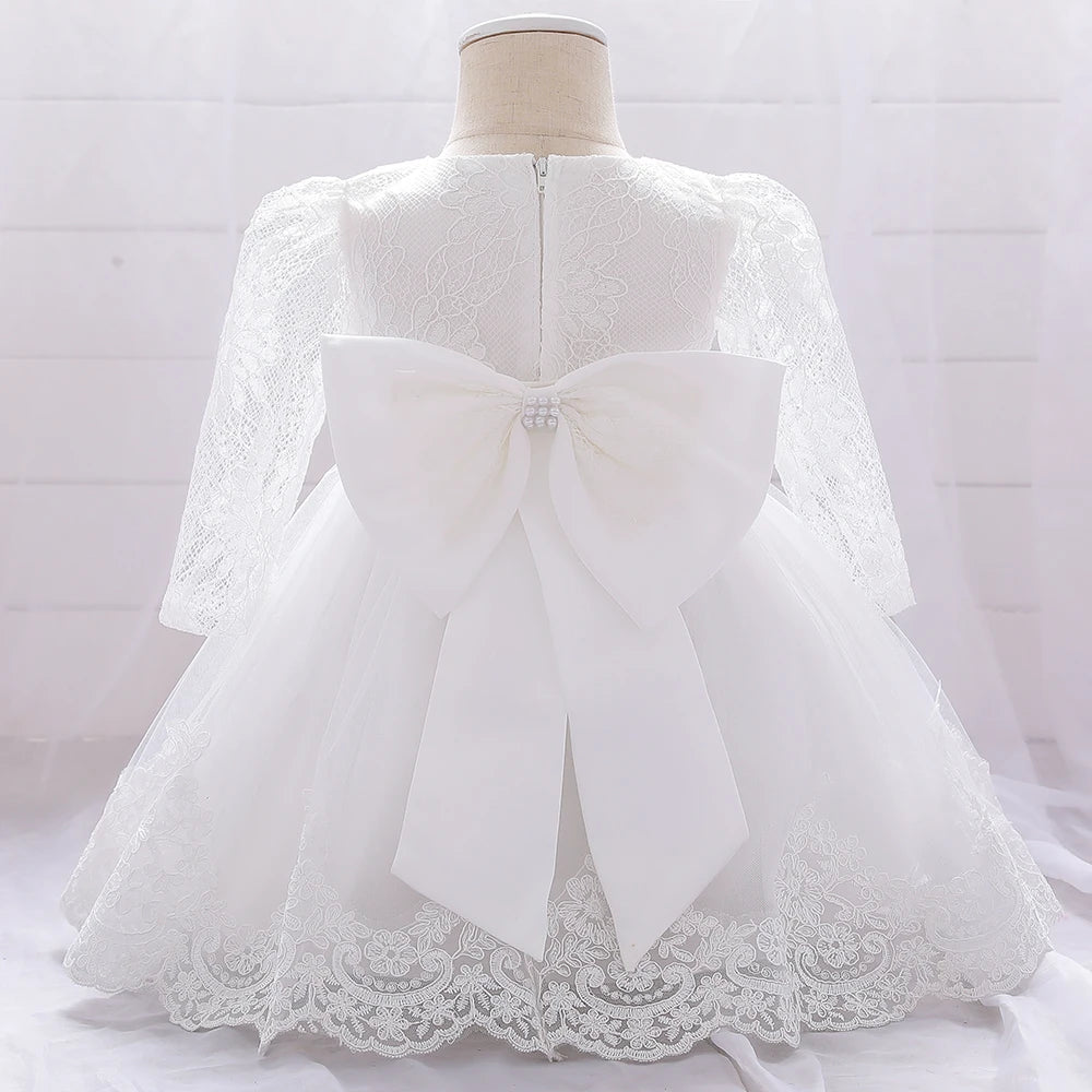 Baby Girls Dress Newborn Girl Long Sleeve Lace Party Wedding Dresses With Big Bow Infant Girl 1st Birthday Princess Dress