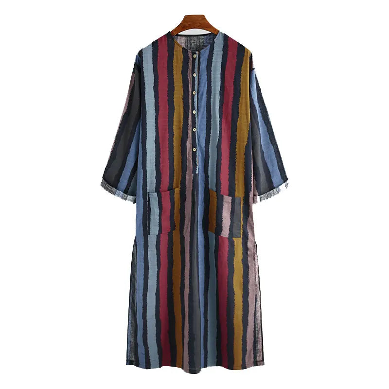 Men's Muslim Long Sleeve Cotton Striped Robes Summer Islamic Arabian Kaftan Suit Middle East Dubai Abaya Retro 2024 New