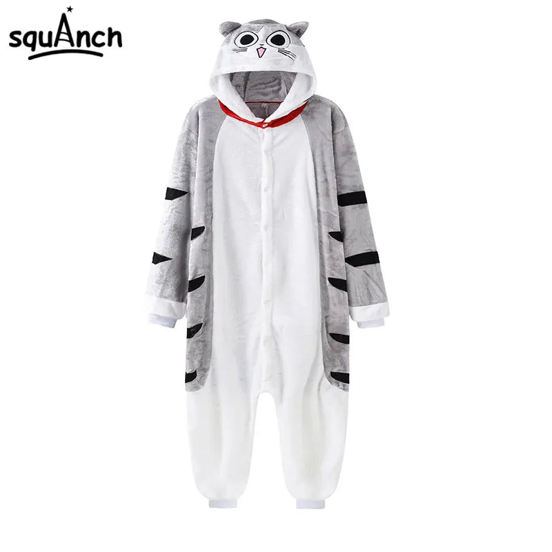 Kawaii Cat Onesie With Slippers Kitty Pajama Animal Kigurumis Women Girl Adult Overall Winter Warm Soft Homewear Party Jumpsuit