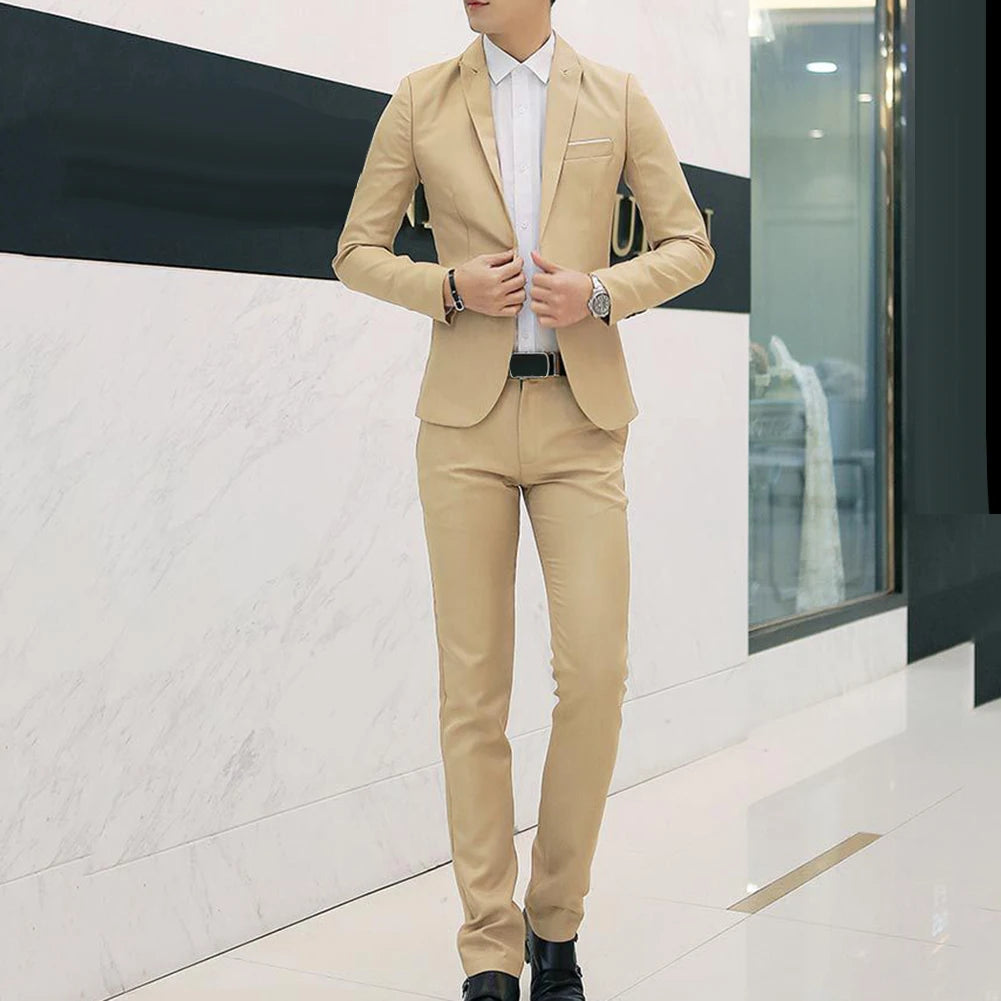 2Pcs Office Business Men Solid Color Lapel Long Sleeve Slim Blazer Pants Suit