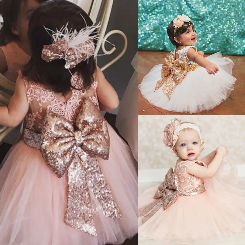 6M-10Y Toddler Baby Kid Girls Dress Princess Lace Bow Sequins Wedding  Party Dresses Christening  1st Birthday Dress